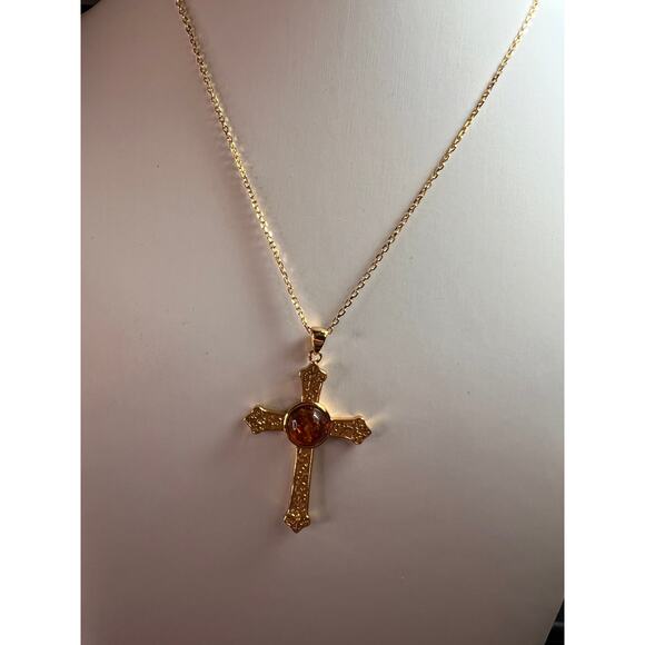 NEW Baltic Amber cross pendant in gold over sterling silver - Picture 3 of 16